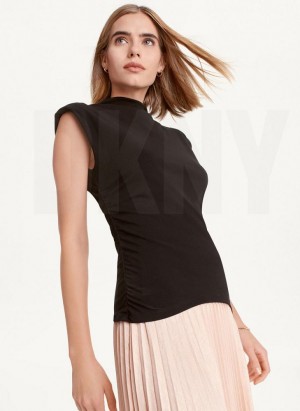 Black Women's DKNY Sleeveless Side Ruch Tank Tops | Australia-D1834