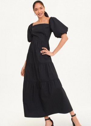 Black Women's DKNY Square Neck Tiered Poplin Dresses | Australia-D0986