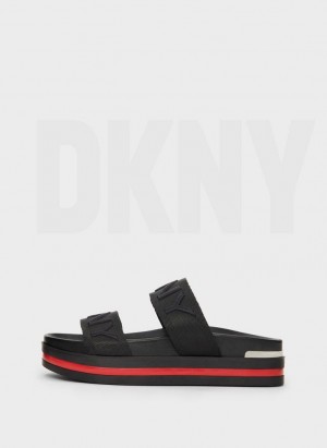 Black Women's DKNY Tee Double Band Slides | Australia-D1802