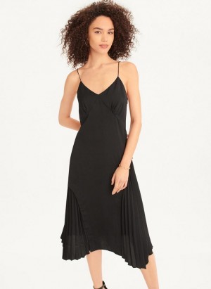 Black Women's DKNY V-neck Asymmetrical Pleated Dresses | Australia-D1702