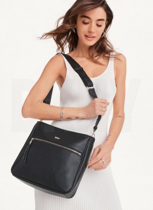 Black / Gold Women's DKNY Maxine Messenger Crossbody Bags | Australia-D1856