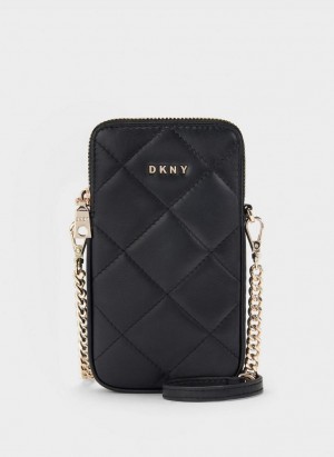 Black / Gold Women's DKNY Quilted Phone Crossbody Bags | Australia-D1339