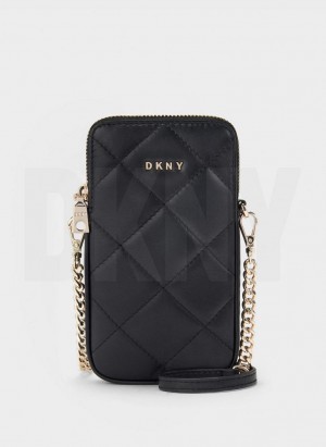 Black / Gold Women's DKNY Quilted Phone Crossbody Wallets | Australia-D0144