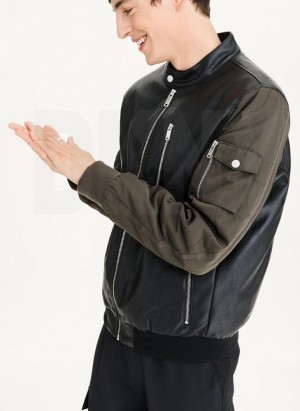 Black / Olive Men's DKNY Mixed Media Faux Leather Bomber Jackets | Australia-D1647