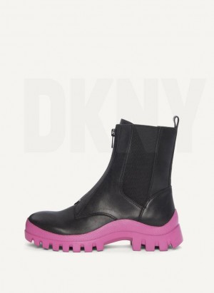 Black / Pink Women's DKNY Contrast Lug Sole Boots | Australia-D1456