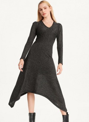 Black / Silver Women's DKNY Sparkle Ribbed Midi Dresses | Australia-D0622