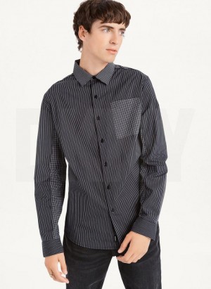 Black / White Men's DKNY Plaid Striped Shirts | Australia-D0706