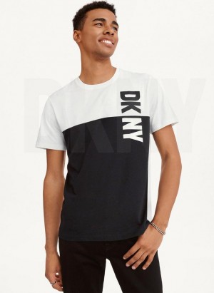 Black / White Men's DKNY Split Logo Crewneck T Shirts | Australia-D0967