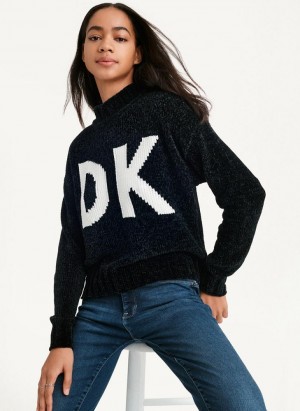 Black / White Women's DKNY Chunky Chenille Logo Sweaters | Australia-D1779