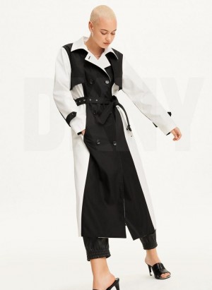 Black / White Women's DKNY Colorblock Crinkle Trench Jackets | Australia-D0105