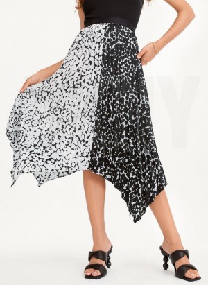 Black / White Women's DKNY Printed Asymmetrical Skirts | Australia-D1348