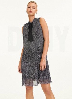 Black / White Women's DKNY Sleeveless Pleated Tie Neck Dresses | Australia-D1369