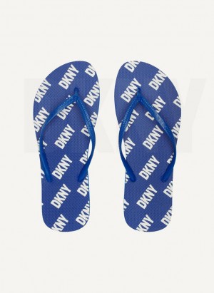 Blue Men's DKNY Allover Logo Flip Flops | Australia-D1083