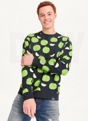 Blue Men's DKNY Apple Print Long Sleeve Crew Neck Sweatshirts | Australia-D1249