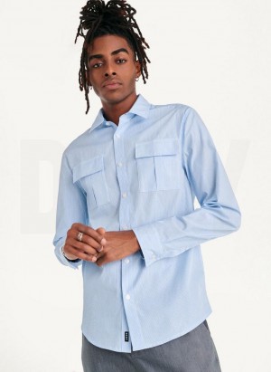 Blue Men's DKNY Colorblocked Stripe Woven Shirts | Australia-D0935