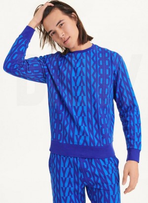 Blue Men's DKNY Exploded Allover Logo Crew Sweatshirts | Australia-D1014