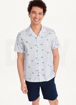 Blue Men's DKNY Interlocking Logo Shirts | Australia-D0275