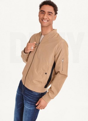 Brown Men's DKNY Logo Tape Bomber Jackets | Australia-D0835