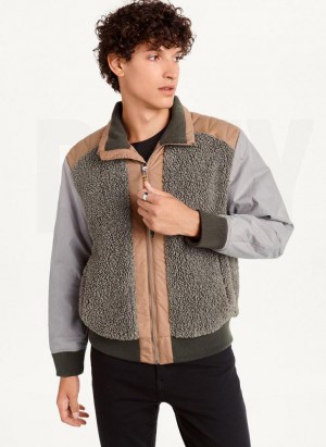 Brown Men's DKNY Mixed Media Sherpa Bomber Jackets | Australia-D1366