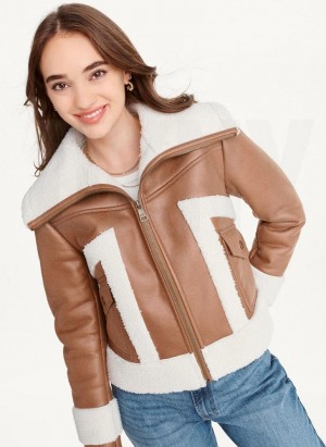 Brown Women's DKNY Faux-Suede Shearling Trim Biker Jackets | Australia-D1815