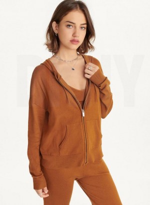 Brown Women's DKNY Knit Hoodies | Australia-D1345