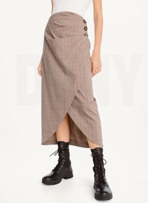 Brown Women's DKNY Plaid Midi Skirts | Australia-D0548
