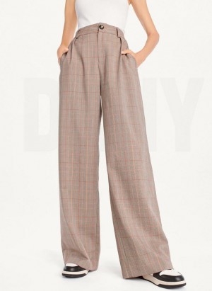 Brown Women's DKNY Plaid Wide Leg Pants | Australia-D0864