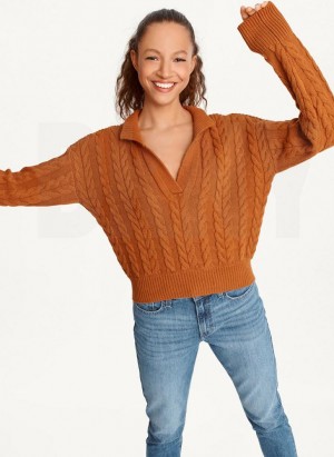 Brown Women's DKNY Polo Cable knit Sweaters | Australia-D1483