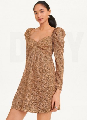 Brown Women's DKNY Printed V-Neck Dresses | Australia-D1867