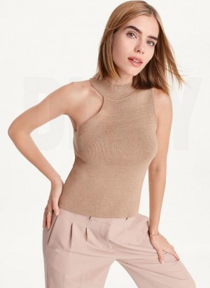 Brown Women's DKNY Sleeveless Mock Neck Sweaters | Australia-D0521