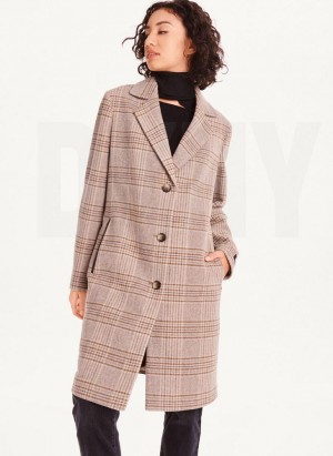 Brown / Black Women's DKNY Brown Plaid Coats | Australia-D1979
