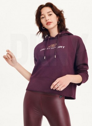 Burgundy Women's DKNY Mixed Distressed Metallic Logo Cropped Hoodies | Australia-D1377
