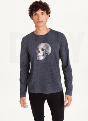 Dark Grey Men's DKNY Pointilism Skull T Shirts | Australia-D0119
