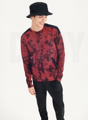 Dark Red / Black Men's DKNY Long Sleeve Tie Dye Crewneck With Nylon Trim Sweatshirts | Australia-D0433