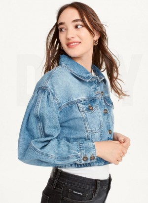 Dark Wash Women's DKNY Puff Sleeve Denim Jackets | Australia-D1853