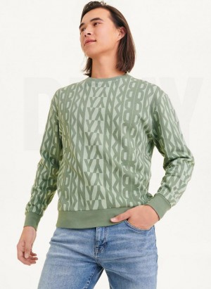 Green Men's DKNY Exploded Allover Logo Crew Sweatshirts | Australia-D0271