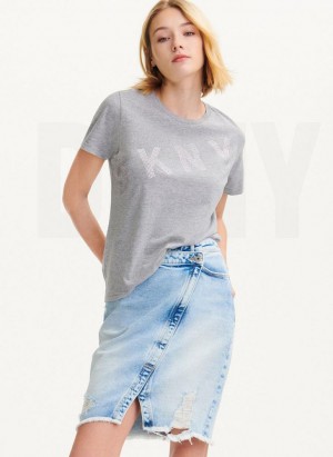 Grey Women's DKNY Diagonal Rhinestone Logo T Shirts | Australia-D0151