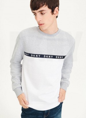 Grey / White Men's DKNY Logo Fleece Crew Sweatshirts | Australia-D1717