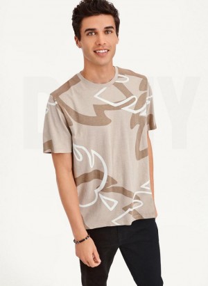 Khaki Men's DKNY Leaves Print Slub Jersey T Shirts | Australia-D1890