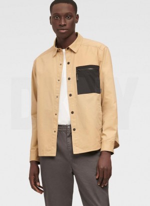 Khaki Men's DKNY Mixed Media PockeT-Shirt Jacket Shirts | Australia-D1287