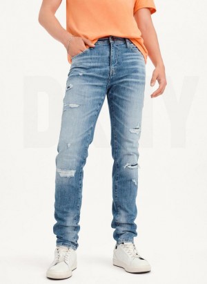 Light Blue Men's DKNY Destructed Denim Jeans | Australia-D0904