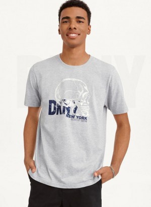 Light Grey Men's DKNY Worn Shimmer Skull T Shirts | Australia-D0483