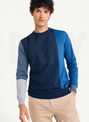 Navy Men's DKNY Colorblock Crew Sweaters | Australia-D0699