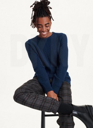 Navy Men's DKNY Diagonal Cable Crew Sweaters | Australia-D1269