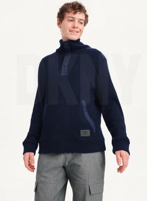 Navy Men's DKNY Double Knit Rib Funnel Neck Sweaters | Australia-D0845