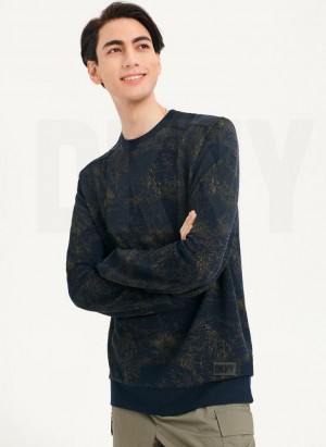 Navy Men's DKNY Tropical Knit Mixed Media Crewneck Sweatshirts | Australia-D1282