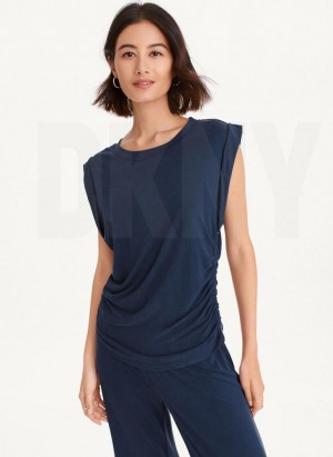Navy Women's DKNY Flange Sleeve With Side Ruching Tank Tops | Australia-D0912