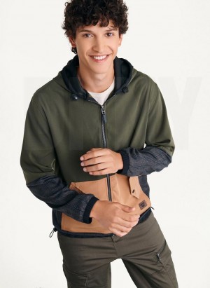 Olive Men's DKNY Long Sleeve Mixed Media Hooded Jackets | Australia-D1763