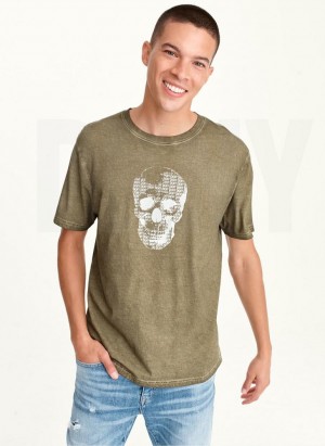 Olive Men's DKNY OUTLINE LOGO SKULL MINERAL WASH T Shirts | Australia-D1169