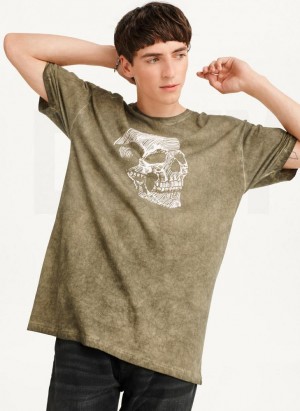 Olive Men's DKNY Pigment Dye Sketched Skull T Shirts | Australia-D1936